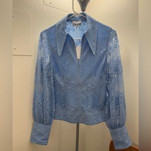 Ganni Blue Lace Long Collar Blouse